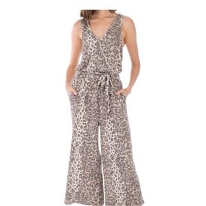 Bobeau Brown Tan Jumpsuit with V-Neck and Palazzo Legs